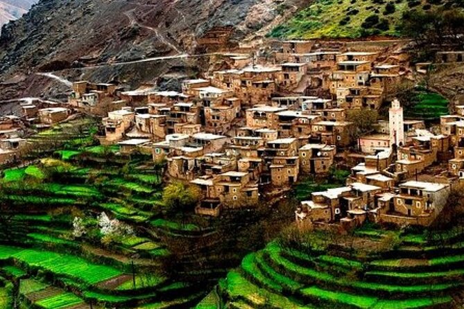 Atlas Mountains and Three Valleys & Waterfalls with Camel ride Day Trip - Aroumd and the view over terraced fields
