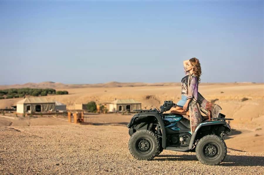 From Marrakech: Agafay Desert Sunset, Quad Biking, & Dinner - Camel riding for a slower view