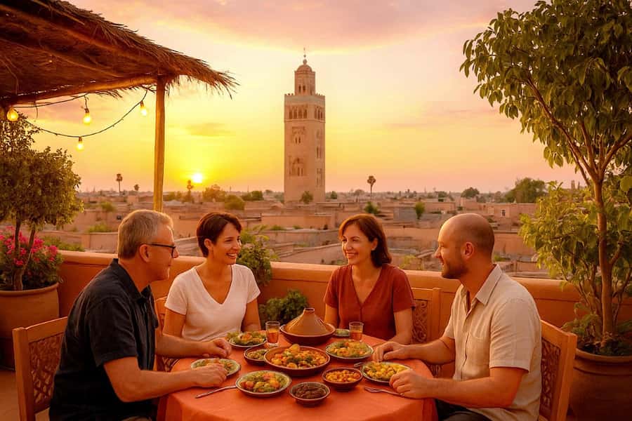From Marrakech: Rooftop Dinner & Romantic Medina Views - What arrives at the Moroccan dinner table