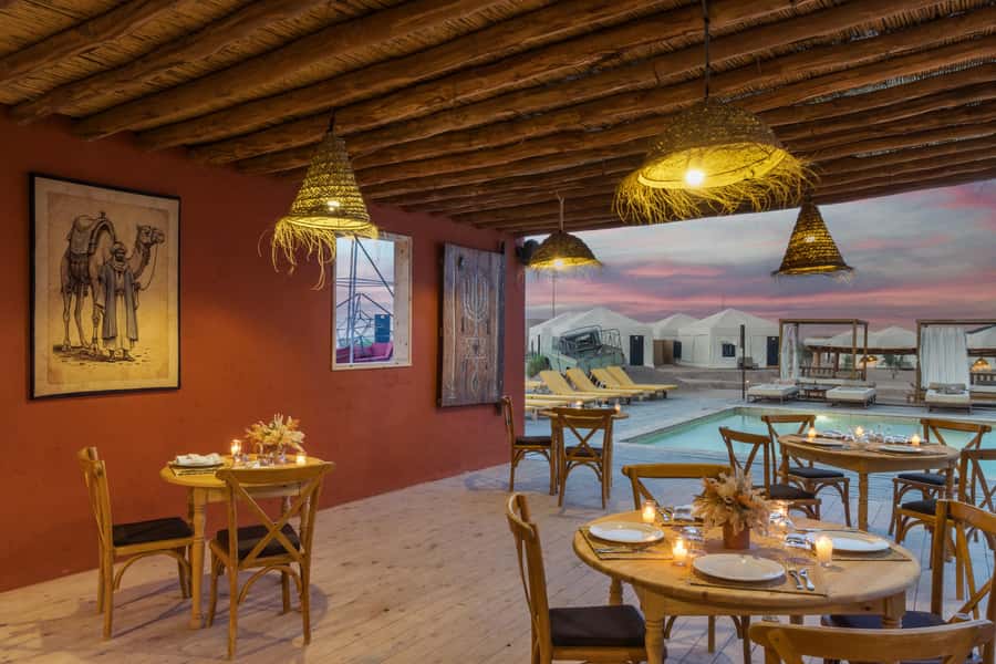 Marrakech: Agafay Desert Inara Camp Pool Day Pass w/ Dinner - A Moroccan three-course dinner beneath the pergola